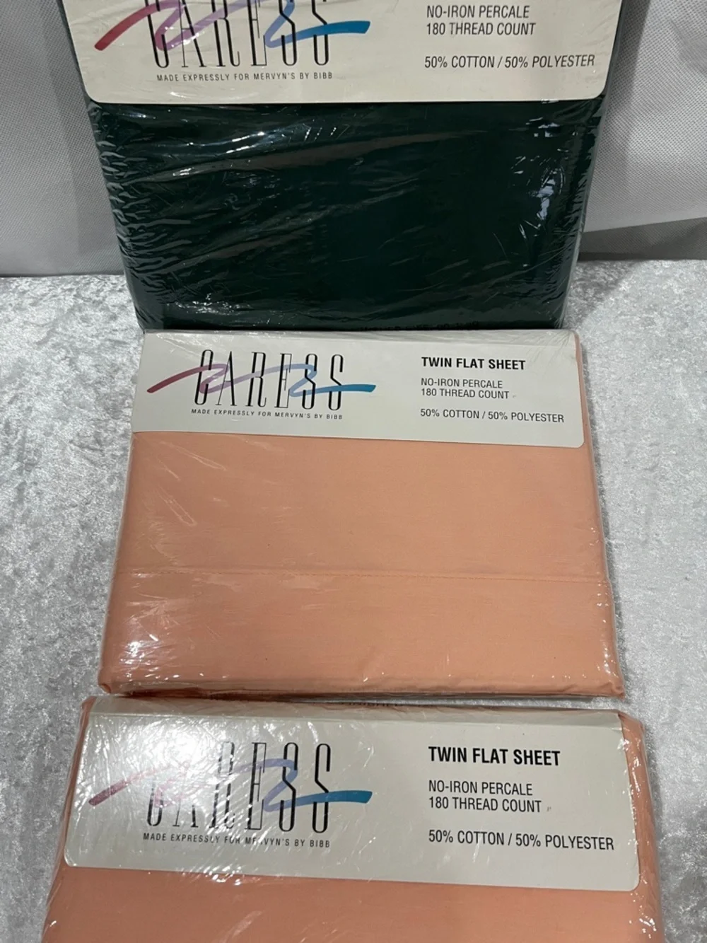 Vintage Sheets Lot  Of 3 CARESS Twin Flat Sheet Green Peach Coral Cotton Blend